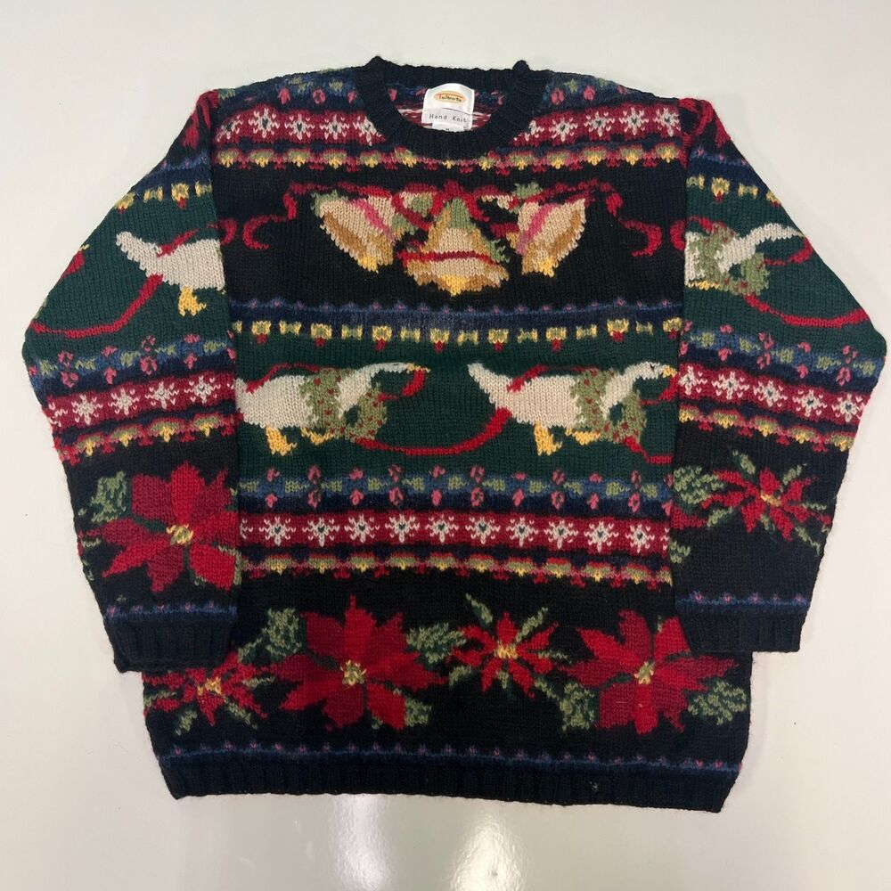Vintage 90s Talbots Hand Knit Holidays Goose Wool Sweater Cottagecore Folk M